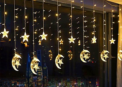 Χριστουγεννιάτικη Κουρτίνα Ασύμμετρη 3m Αστέρια - Φεγγάρια Λευκό Ψυχρό